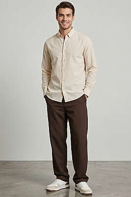 Manşet Düğmeli Çizgili Keten Erkek Gömlek Bej - Erkek Gömlek