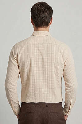 Manşet Düğmeli Çizgili Keten Erkek Gömlek Bej - Erkek Gömlek