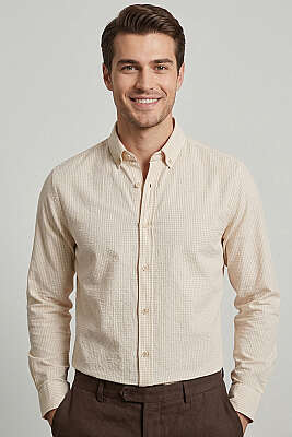 Manşet Düğmeli Çizgili Keten Erkek Gömlek Bej - WİPEOUT