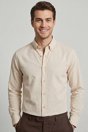 Manşet Düğmeli Çizgili Keten Erkek Gömlek Bej - Yılın Fırsatı