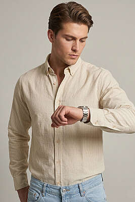 Manşet Düğmeli Çizgili Keten Erkek Gömlek Gri - WİPEOUT