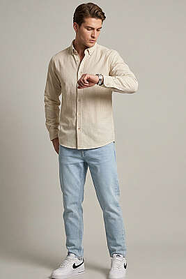 Manşet Düğmeli Çizgili Keten Erkek Gömlek Gri - Erkek Gömlek