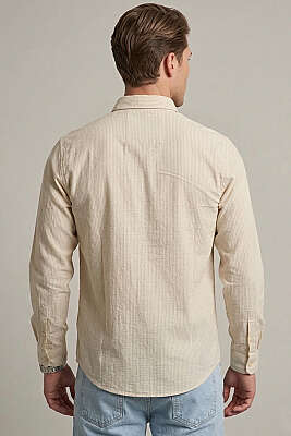 Manşet Düğmeli Çizgili Keten Erkek Gömlek Gri - Erkek Gömlek