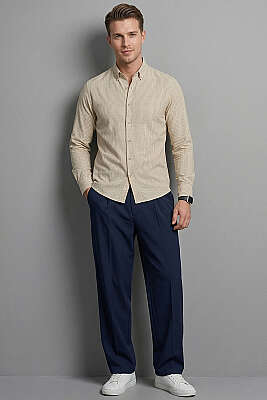 Manşet Düğmeli Çizgili Keten Erkek Gömlek Lacivert - Erkek Gömlek