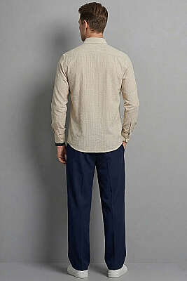 Manşet Düğmeli Çizgili Keten Erkek Gömlek Lacivert - Erkek Gömlek