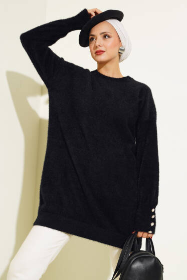 Manşet Düğmeli Detaylı Sakallı Tunik Siyah - Tunik