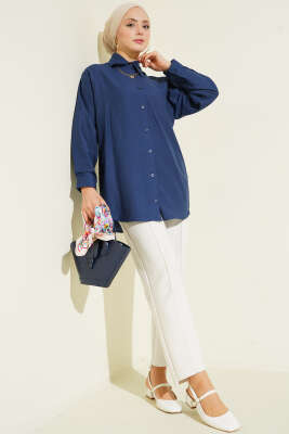 Manşet Düğmeli Düz Gömlek Lacivert - Gömlek