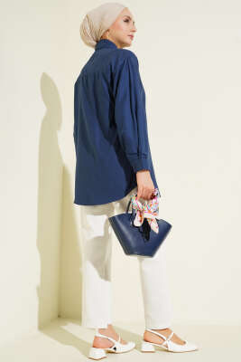 Manşet Düğmeli Düz Gömlek Lacivert - Gömlek