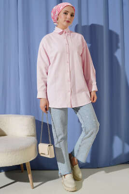 Manşet Düğmeli Düz Gömlek Pembe - Gömlek