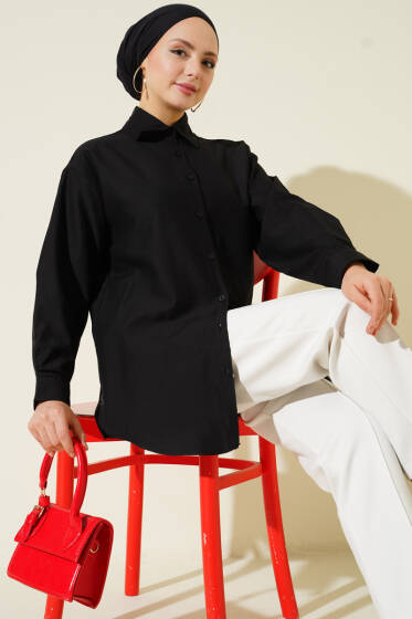 Manşet Düğmeli Düz Gömlek Siyah - Gömlek