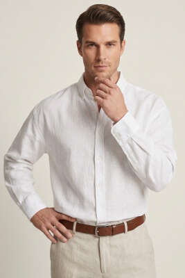 Manşet Düğmeli Keten Erkek Gömlek Beyaz - DEEP POİNT