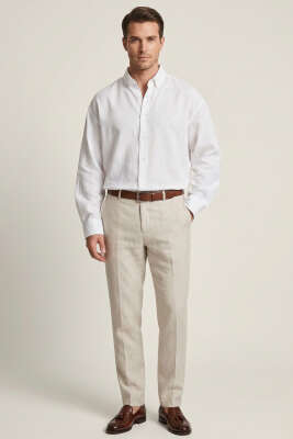 Manşet Düğmeli Keten Erkek Gömlek Beyaz - Erkek Gömlek