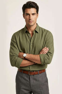 Manşet Düğmeli Keten Erkek Gömlek Haki - DEEP POİNT