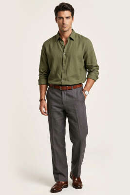 Manşet Düğmeli Keten Erkek Gömlek Haki - Erkek Gömlek
