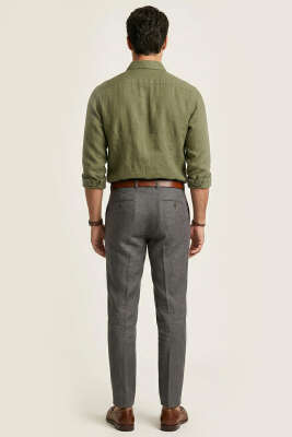 Manşet Düğmeli Keten Erkek Gömlek Haki - Erkek Gömlek