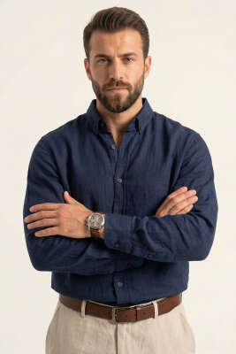 Manşet Düğmeli Keten Erkek Gömlek Lacivert - DEEP POİNT