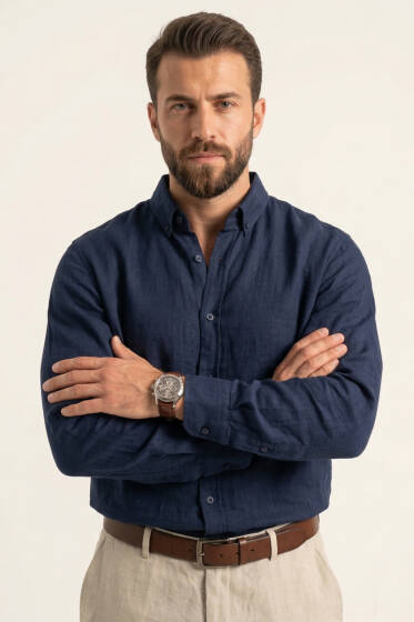 Manşet Düğmeli Keten Erkek Gömlek Lacivert - Erkek Gömlek