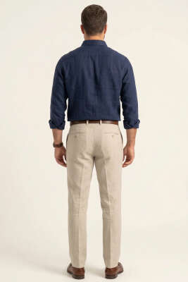 Manşet Düğmeli Keten Erkek Gömlek Lacivert - Erkek Gömlek