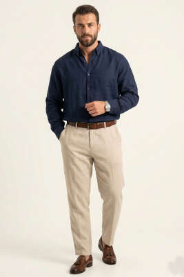 Manşet Düğmeli Keten Erkek Gömlek Lacivert - Erkek Gömlek