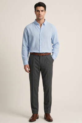 Manşet Düğmeli Keten Erkek Gömlek Mavi - Erkek Gömlek