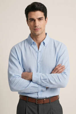 Manşet Düğmeli Keten Erkek Gömlek Mavi - DEEP POİNT