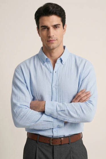 Manşet Düğmeli Keten Erkek Gömlek Mavi - Erkek Gömlek