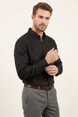 Manşet Düğmeli Keten Erkek Gömlek Siyah - DEEP POİNT