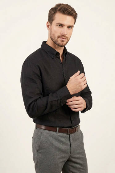 Manşet Düğmeli Keten Erkek Gömlek Siyah - Erkek Gömlek