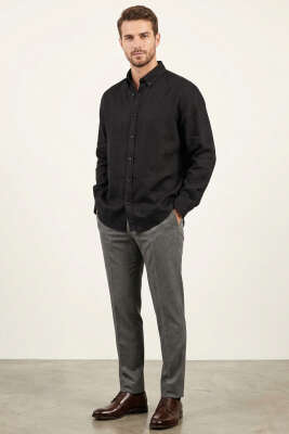 Manşet Düğmeli Keten Erkek Gömlek Siyah - Erkek Gömlek