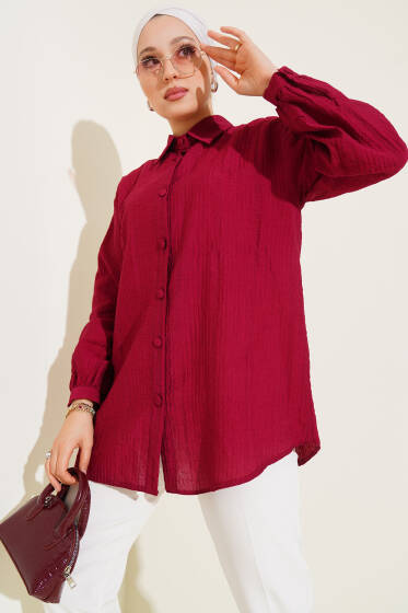 Manşet Düğmeli Krinkıl Gömlek Bordo - Gömlek