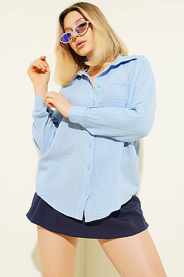 Manşet Düğmeli Müslin Gömlek Bebe Mavi - Kadın Giyim Modelleri