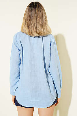 Manşet Düğmeli Müslin Gömlek Bebe Mavi - Kadın Giyim Modelleri