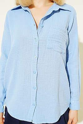 Manşet Düğmeli Müslin Gömlek Bebe Mavi - Kadın Giyim Modelleri