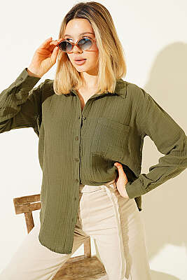 Manşet Düğmeli Müslin Gömlek Haki - ORIGINAL