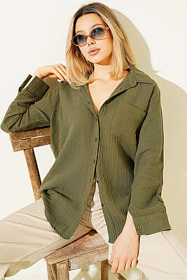 Manşet Düğmeli Müslin Gömlek Haki - Kadın Giyim Modelleri