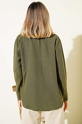 Manşet Düğmeli Müslin Gömlek Haki - Kadın Giyim Modelleri