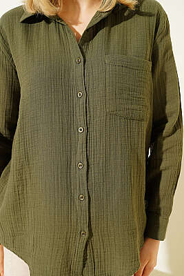 Manşet Düğmeli Müslin Gömlek Haki - Kadın Giyim Modelleri