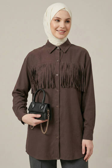 Manşet Düğmeli Püsküllü Gömlek Kahve - Gömlek