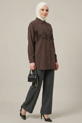 Manşet Düğmeli Püsküllü Gömlek Kahve - Gömlek