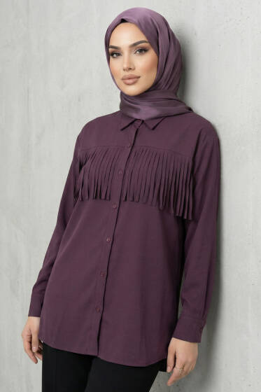 Manşet Düğmeli Püsküllü Gömlek Mürdüm - Gömlek