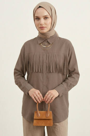 Manşet Düğmeli Püsküllü Gömlek Vizon - Gömlek