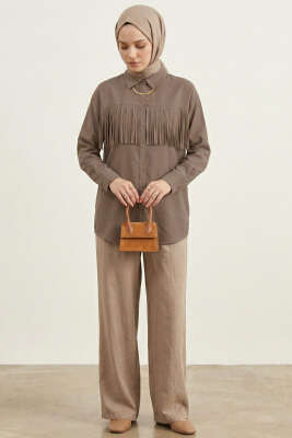 Manşet Düğmeli Püsküllü Gömlek Vizon - Gömlek