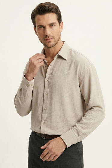 Manşet Düğmeli Tensel Erkek Gömlek Bej - Erkek Gömlek