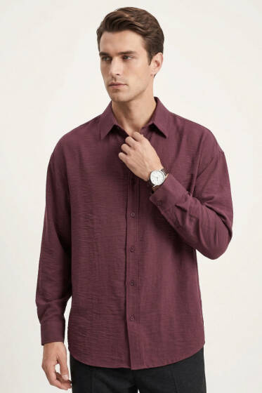 Manşet Düğmeli Tensel Erkek Gömlek Bordo - Erkek Gömlek