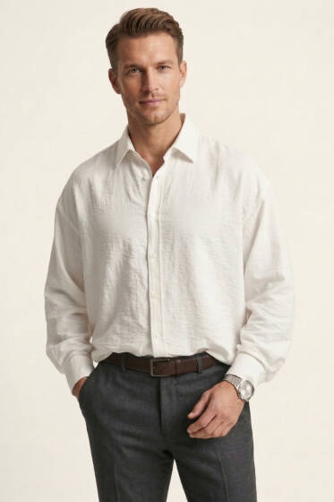 Manşet Düğmeli Tensel Erkek Gömlek Ekru - Erkek Gömlek