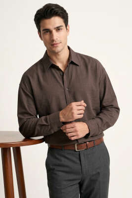 Manşet Düğmeli Tensel Erkek Gömlek Kahve - DEEP POİNT