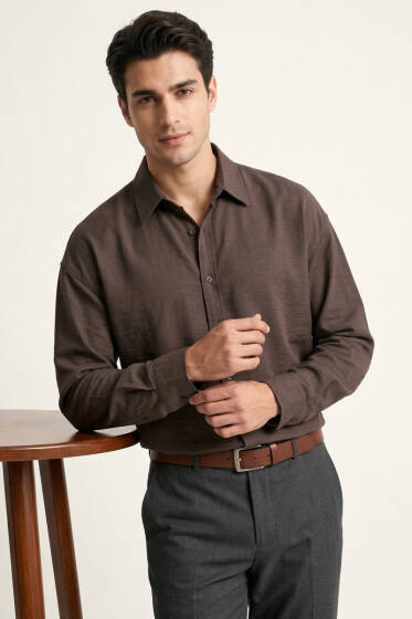 Manşet Düğmeli Tensel Erkek Gömlek Kahve - Erkek Gömlek
