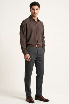 Manşet Düğmeli Tensel Erkek Gömlek Kahve - Erkek Gömlek