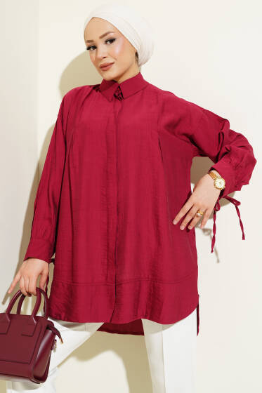 Manşet İpli Göğüs Pileli Gömlek Bordo - Gömlek