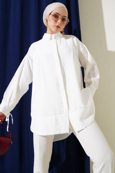 Manşet İpli Göğüs Pileli Gömlek Ekru - Gömlek